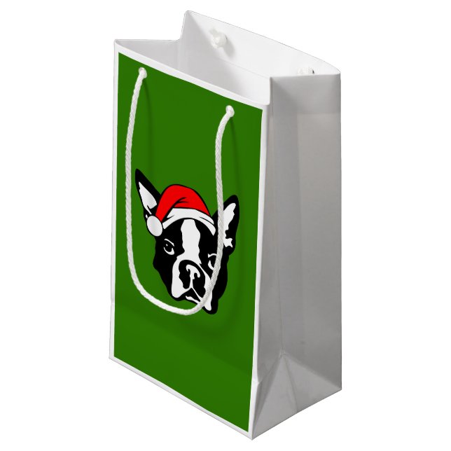 Boston Terrier Dog with Christmas Santa Hat Small Gift Bag (Front Angled)