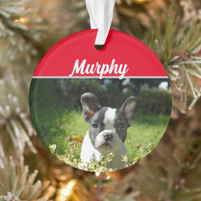 Boston Terrier Dog with Name and Photo Christmas Ornament (Tree)