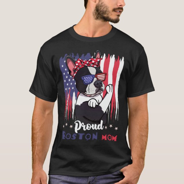 Boston Terrier Dog With Sunglasses American Flag T-Shirt (Front)