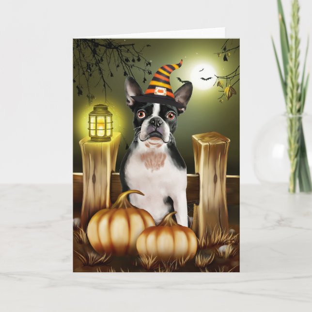 Boston Terrier Dog with Witch Hat Halloween Card (Front)