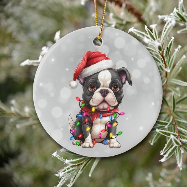 Boston Terrier Dog Wrapped in Christmas Lights  Ceramic Tree Decoration (Creator Uploaded)