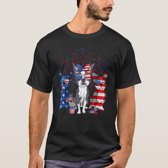 Boston Terrier Dogs American Flag USA Indepedence  T-Shirt (Front)