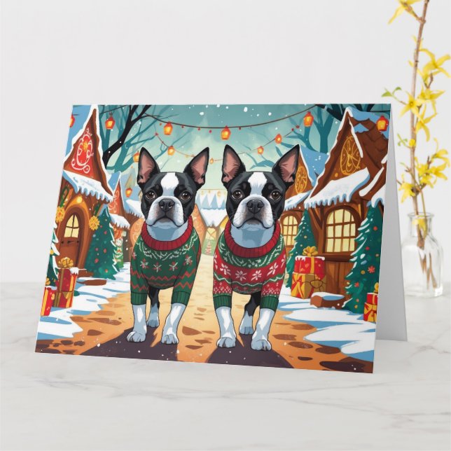 Boston Terrier Dogs Christmas Snow Holiday Card (Yellow Flower)
