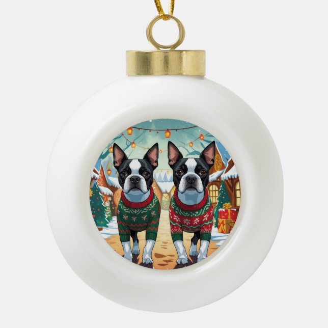Boston Terrier Dogs Christmas Snow Holiday Ceramic Ball Christmas Ornament (Front)