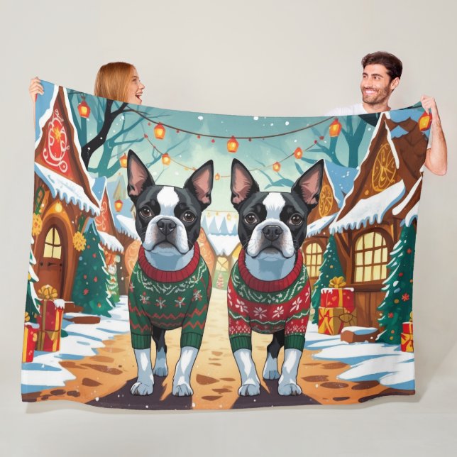 Boston Terrier Dogs Christmas Snow Holiday Fleece Blanket (In Situ)