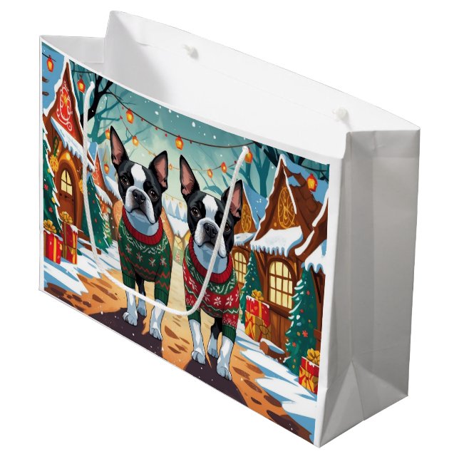 Boston Terrier Dogs Christmas Snow Holiday Large Gift Bag (Front Angled)