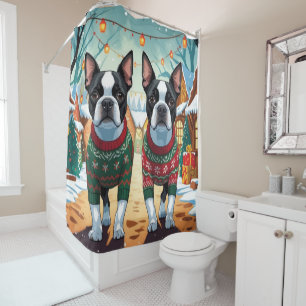 Boston Terrier Dogs Christmas Snow Holiday Shower Curtain