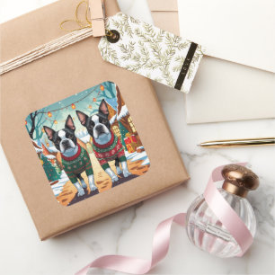 Boston Terrier Dogs Christmas Snow Holiday Square Sticker