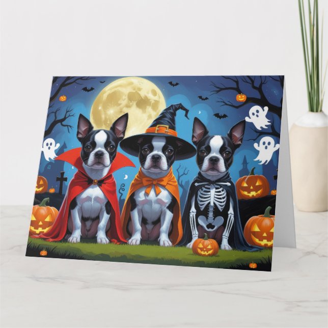 Boston Terrier Dogs Pumpkin Halloween Funny Card (Front)