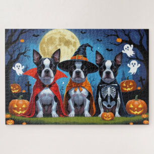 Boston Terrier Dogs Pumpkin Halloween Funny Jigsaw Puzzle