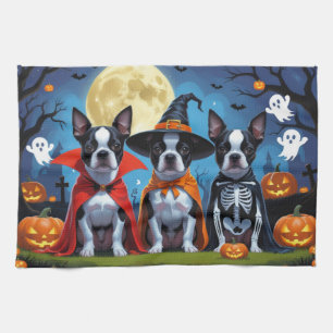Boston Terrier Dogs Pumpkin Halloween Funny Tea Towel