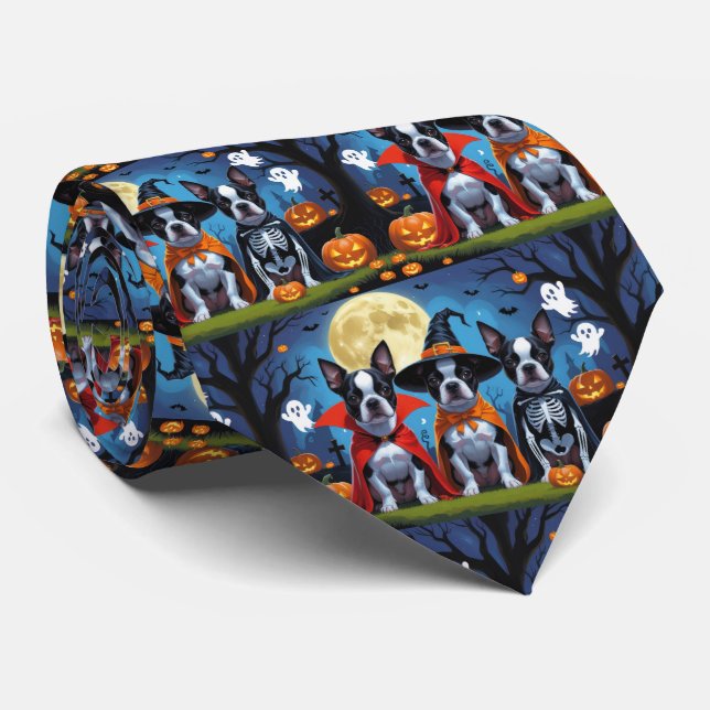 Boston Terrier Dogs Pumpkin Halloween Funny Tie (Rolled)