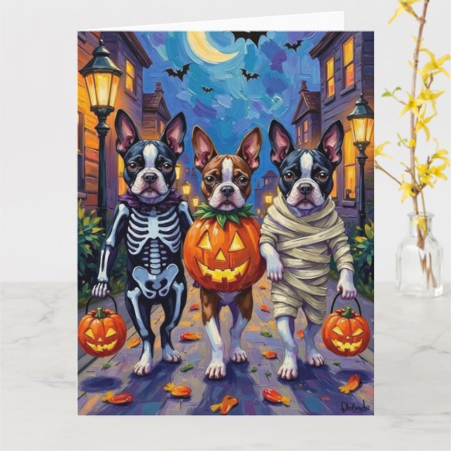 Boston Terrier Dogs Trick-or-Treating in Halloween Card (Yellow Flower)