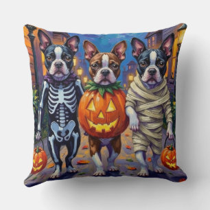 Boston Terrier Dogs Trick-or-Treating in Halloween Cushion
