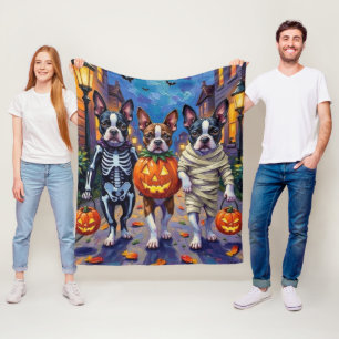 Boston Terrier Dogs Trick-or-Treating in Halloween Fleece Blanket