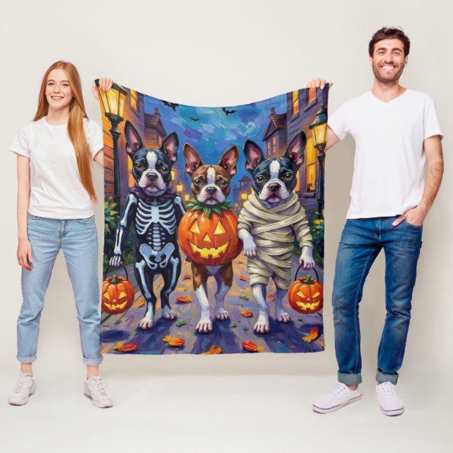 Boston Terrier Dogs Trick-or-Treating in Halloween Fleece Blanket (In Situ)