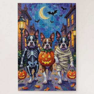 Boston Terrier Dogs Trick-or-Treating in Halloween Jigsaw Puzzle