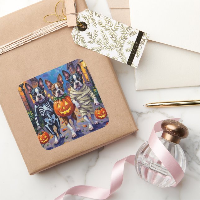 Boston Terrier Dogs Trick-or-Treating in Halloween Square Sticker (Gifting)