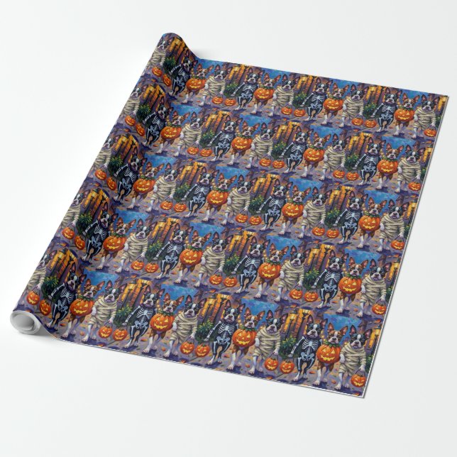 Boston Terrier Dogs Trick-or-Treating in Halloween Wrapping Paper (Unrolled)