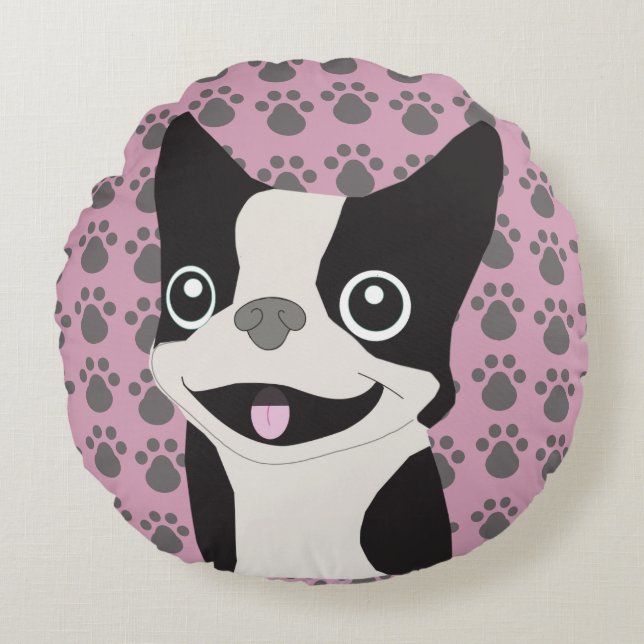 Boston Terrier, Dusty Pink Round Cushion (Front)