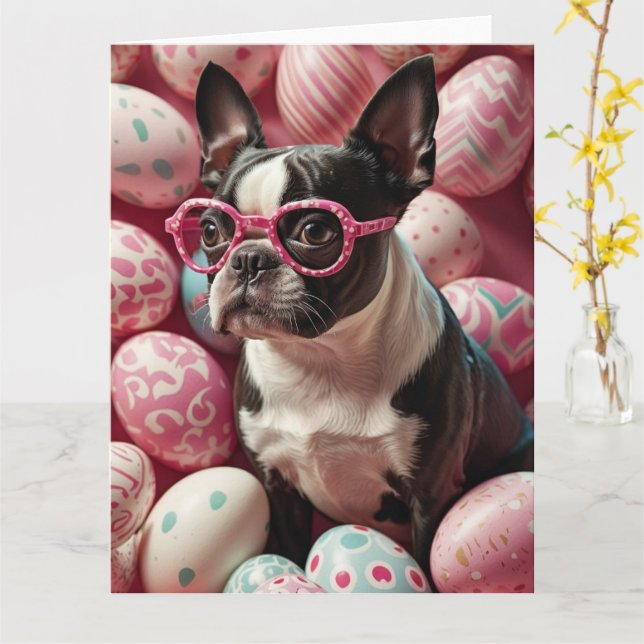 Boston Terrier Easter Eggs Card (Yellow Flower)