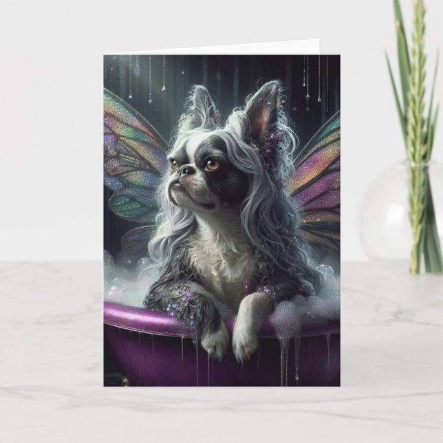 Boston Terrier Fairy Grey Wig in a Purple Bathtub Card (Front)