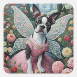 Boston Terrier Fairy in a Flower Garden Square Sticker