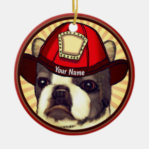Boston Terrier Firefighter  Ceramic Tree Decoration