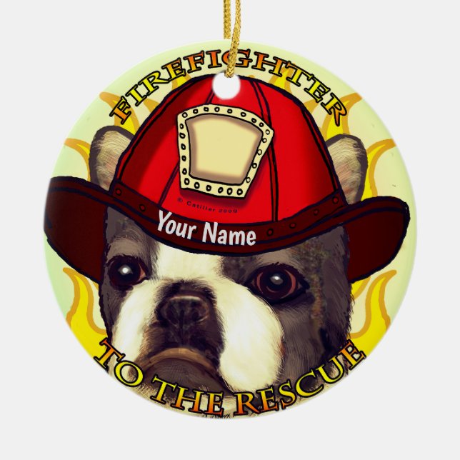 Boston Terrier Firefighter Ceramic Tree Decoration (Front)