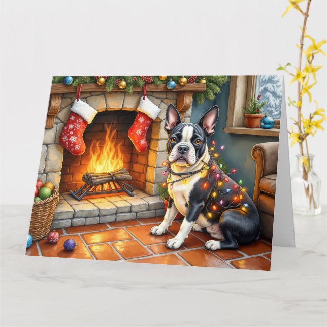 Boston Terrier Fireplace with Christmas Lights Card (Yellow Flower)