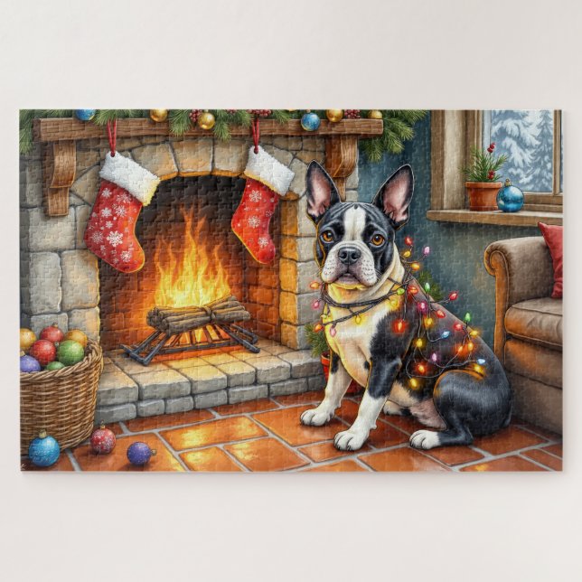 Boston Terrier Fireplace with Christmas Lights Jigsaw Puzzle (Horizontal)