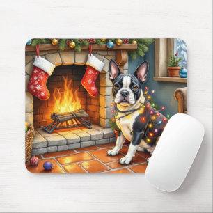 Boston Terrier Fireplace with Christmas Lights Mouse Mat
