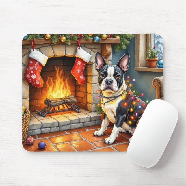 Boston Terrier Fireplace with Christmas Lights Mouse Mat (With Mouse)
