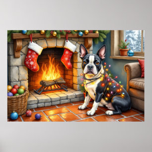 Boston Terrier Fireplace with Christmas Lights Poster
