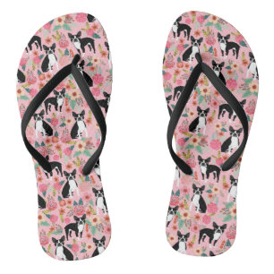 Boston Terrier Floral Shoes - dog flowers Flip Flops