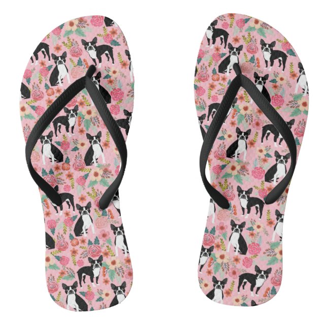 Boston Terrier Floral Shoes - dog flowers Flip Flops (Footbed)