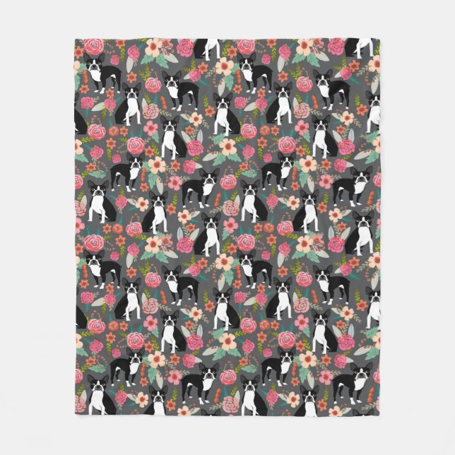 Boston Terrier Florals - dogs and flowers Fleece Blanket (Front)