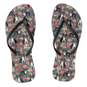 Boston Terrier Florals - dogs and flowers Flip Flops