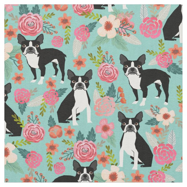 Boston Terrier florals fabric - cute fabric design (Close Up)