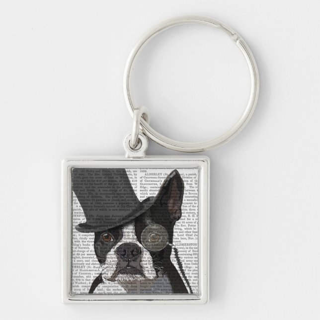 Boston Terrier, Formal Hound and Hat Key Ring (Front)