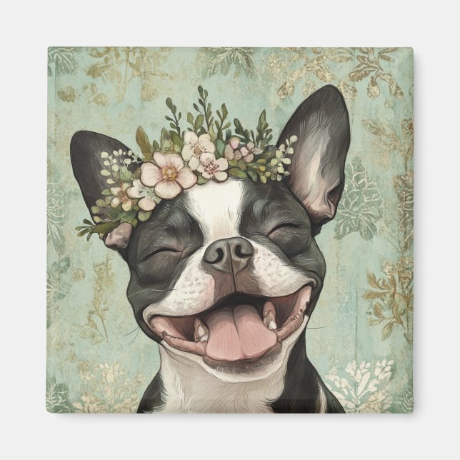 Boston Terrier Green Floral Kitchen Magnet (Front)