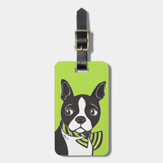 Boston Terrier Green Luggage Tag (Front Vertical)