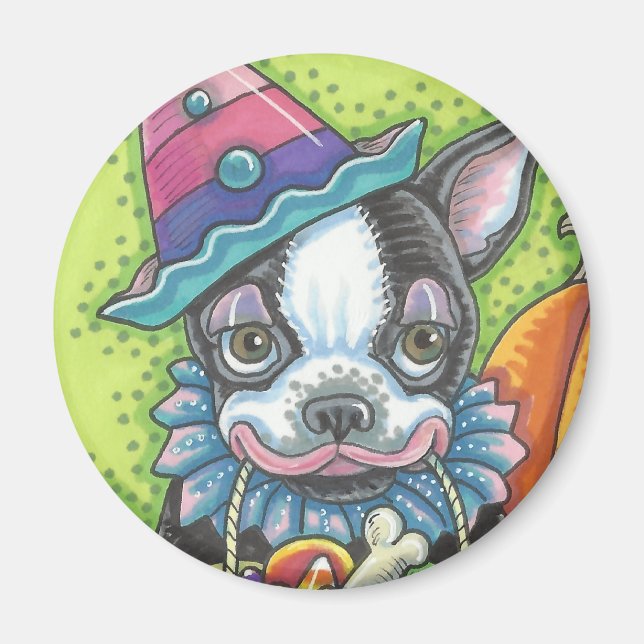 BOSTON TERRIER HALLOWEEN CLOWN, DOG MAGNET Round (Front)