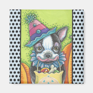BOSTON TERRIER HALLOWEEN CLOWN, DOG MAGNET Square
