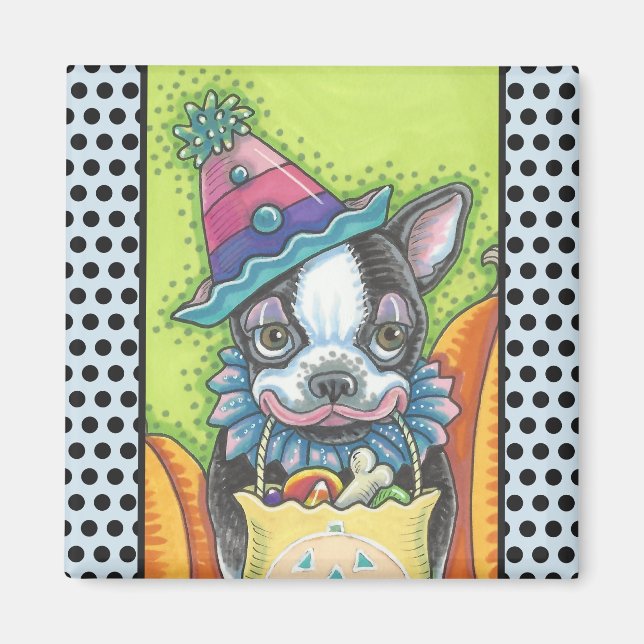BOSTON TERRIER HALLOWEEN CLOWN, DOG MAGNET Square (Front)