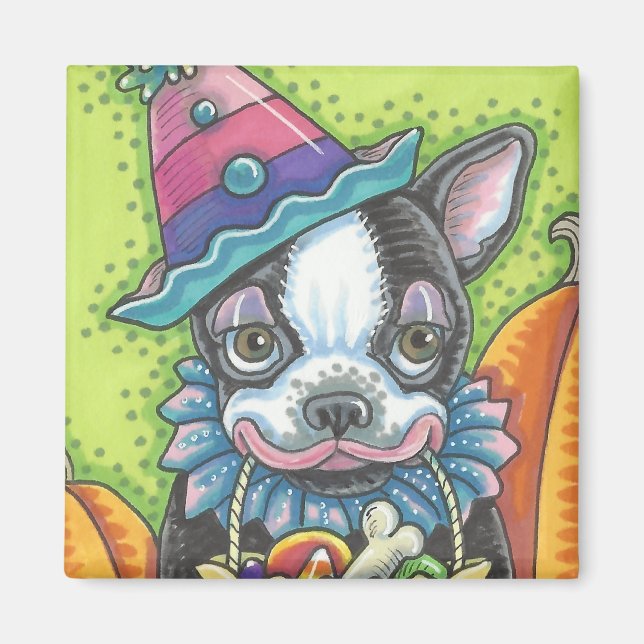 BOSTON TERRIER HALLOWEEN CLOWN, DOG MAGNET Square (Front)