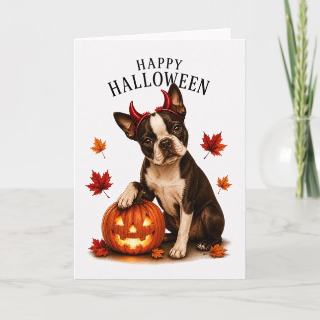 Boston Terrier Halloween Devil Dog Card (Front)