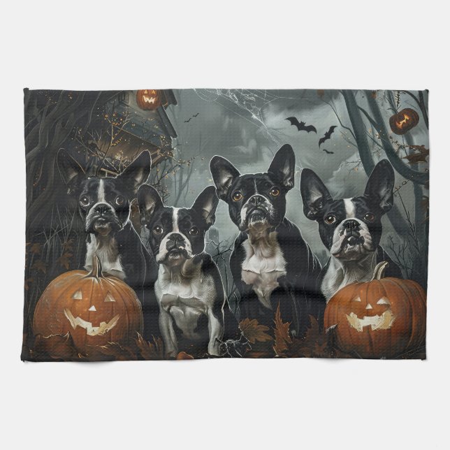 Boston Terrier Halloween Night Doggy Delight Tea Towel (Horizontal)