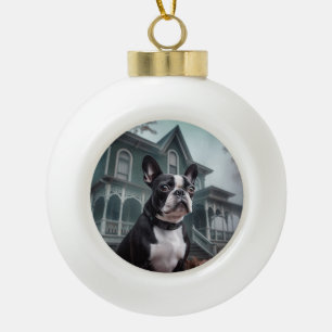 Boston Terrier Halloween Scary Ceramic Ball Christmas Ornament