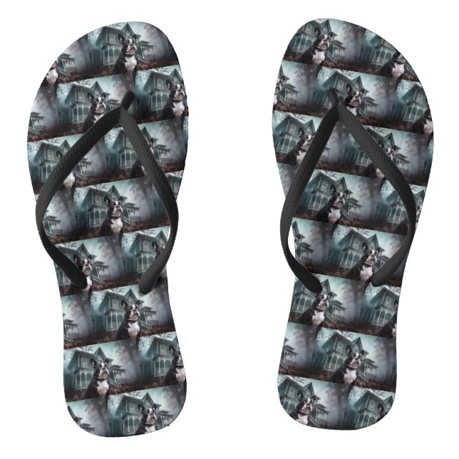 Boston Terrier Halloween Scary Flip Flops (Footbed)